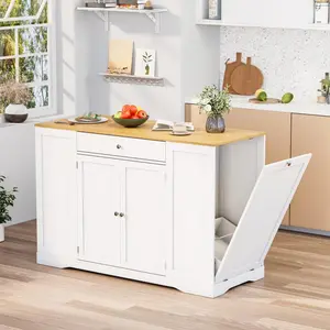 53" Mobile Kitchen Island with Trash Cabinet - White Cart with Spice Rack, Towel Bar & Drawers