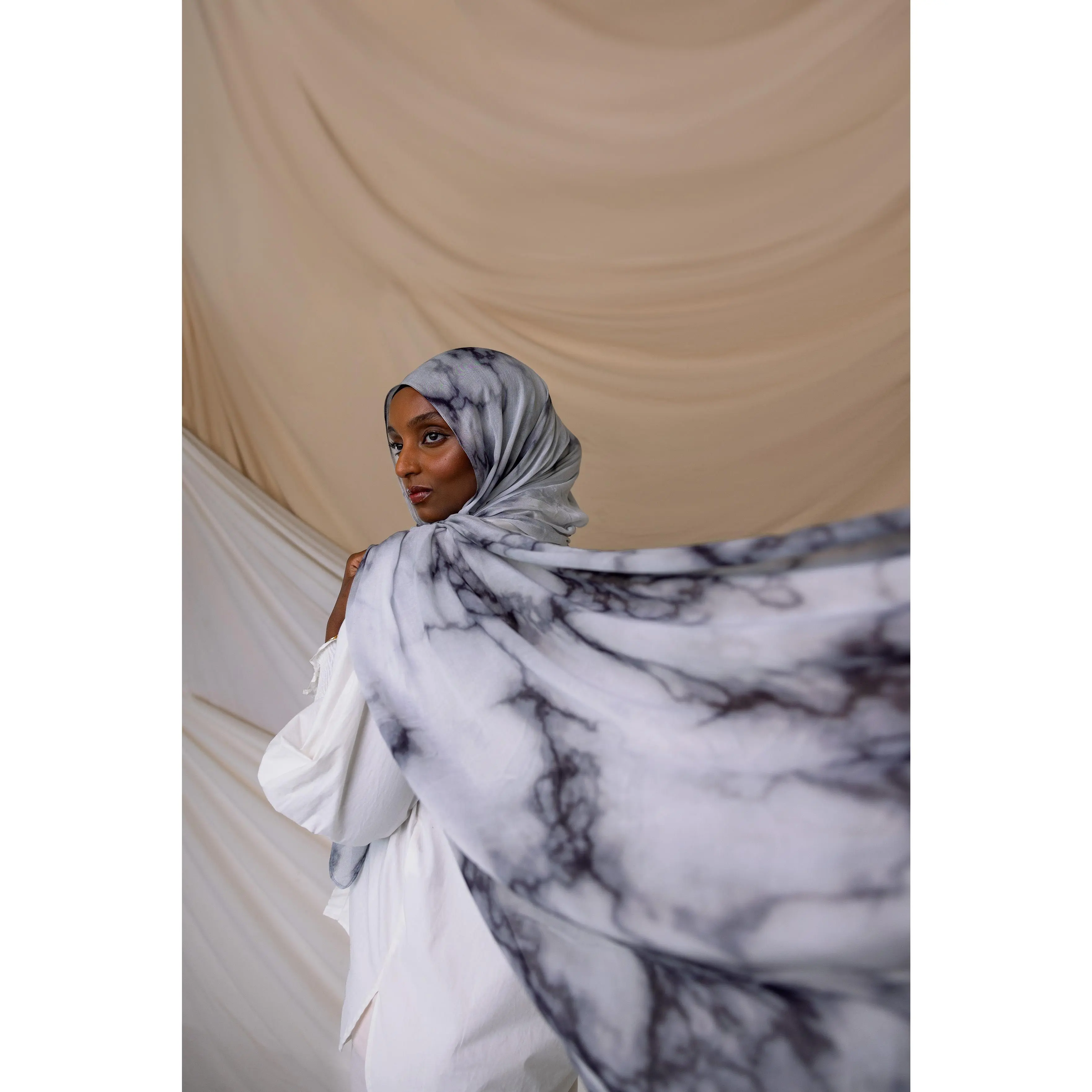 VELA Classic Marble Print Modal Minimalist Square Hijab, White Head Scarf, Scarf Head Wrap for Modest Fashion, Hijab Style, Scarfs