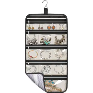 Hanging Jewelry Organizer Travel Foldable Jewelry Roll Storage Case with 14 Cotton Zippered Pockets for Traveling, Closet, Suitcase