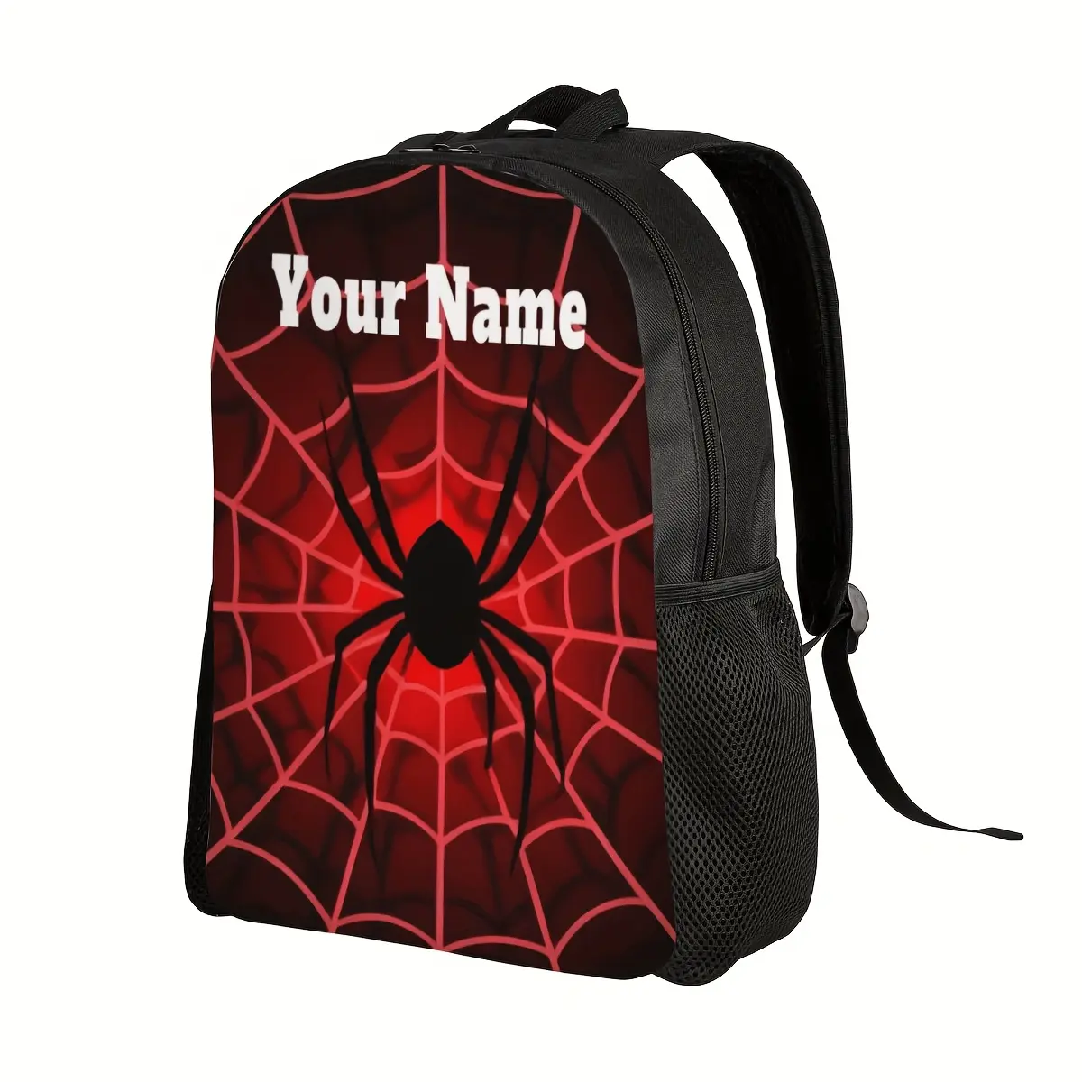Customizable name/text red spider web backpack and laptop bag - lightweight and durable polyester backpack with adjustable shoulder straps and zipper closure, suitable for schools, universities, offices, travel, and teenagers