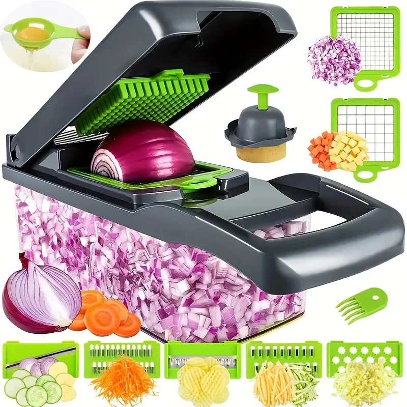 Stainless Steel Multifunctional Vegetable Chopper Set - 12/16pcs 12pcs Set with Fruit Slicer, Handle Food Grater, Onion Mincer, Potato Shredder, Interchangeable Blades Kitchen Utensils