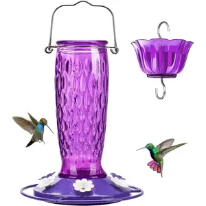 Hummingbird Feeders for Outdoors Hanging, 24 Ounce, Glass Hummingbird Feeder with Ant Moat & 6 Bee Guard Feeding Ports, Leak-Proof, Purple