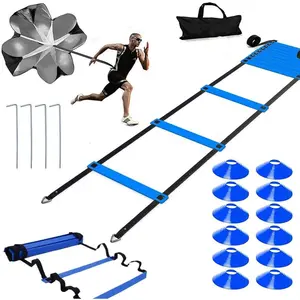 Agility Ladder,20ft Agility Ladder,Speed Ladder, Soccer Ladder  Set, with 12  Cones and Resistance Parachute- Blu
