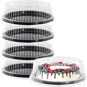 5 Pack Round Cake Pies Carriers, Black Serving Tray with Clear Lid, Disposable Cake Containers with Dome Lids Dessert Sandwich Trays for Party