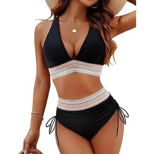 Women's High Waist Bikini Set - Tummy Control, Drawstring & Adjustable Wide Strap Color Block Swimsuit hourglass bikini