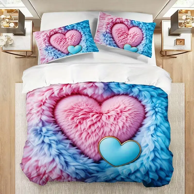 3pcs Blue Feather Heart Quilt Bedding Set (1 Quilt + 2 Pillowcases No Pillows), High Definition Print, Soft Comfortable Couple Style