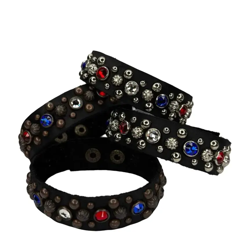 Y2K Punk Rock Austrian Crystal Studded Leather Cuff Bracelet ( 4Th Of July ) Style