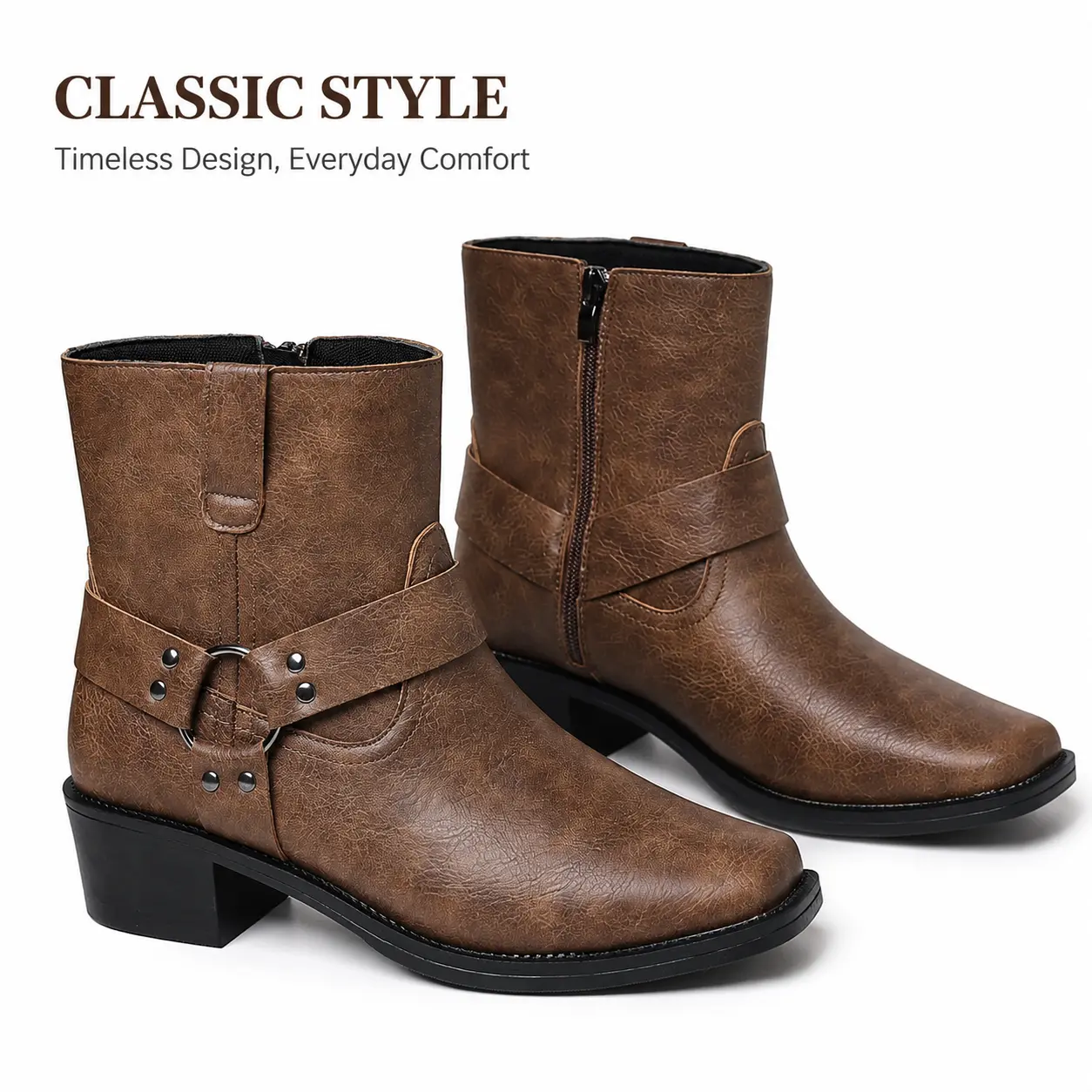 YANXIANSHOES Men's Retro Motorcycle Boots, Mid-Calf Elevated Casual Footwear in PU Leather with Comfortable Heels and Studded Straps, Chic, Men's Shoes, Block Heel, Classic Boot, Round Toe