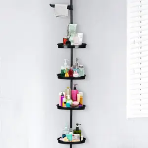 Garvee Corner Shower Caddy Tension Pole with 4 Adjustable Shelves, Bathtub Storage Organizer with Rubber Pad, Fits 101.6 to 122 Inch, Black Finish, Durable and Space-Saving Design
