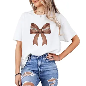 Digitex Women's Cotton Fitted Short Sleeve Football Bowknot Print Crew Neck T-Shirt Comfortable Versatile Style for Everyday Top Streetwear Breathable Summer western outfits
