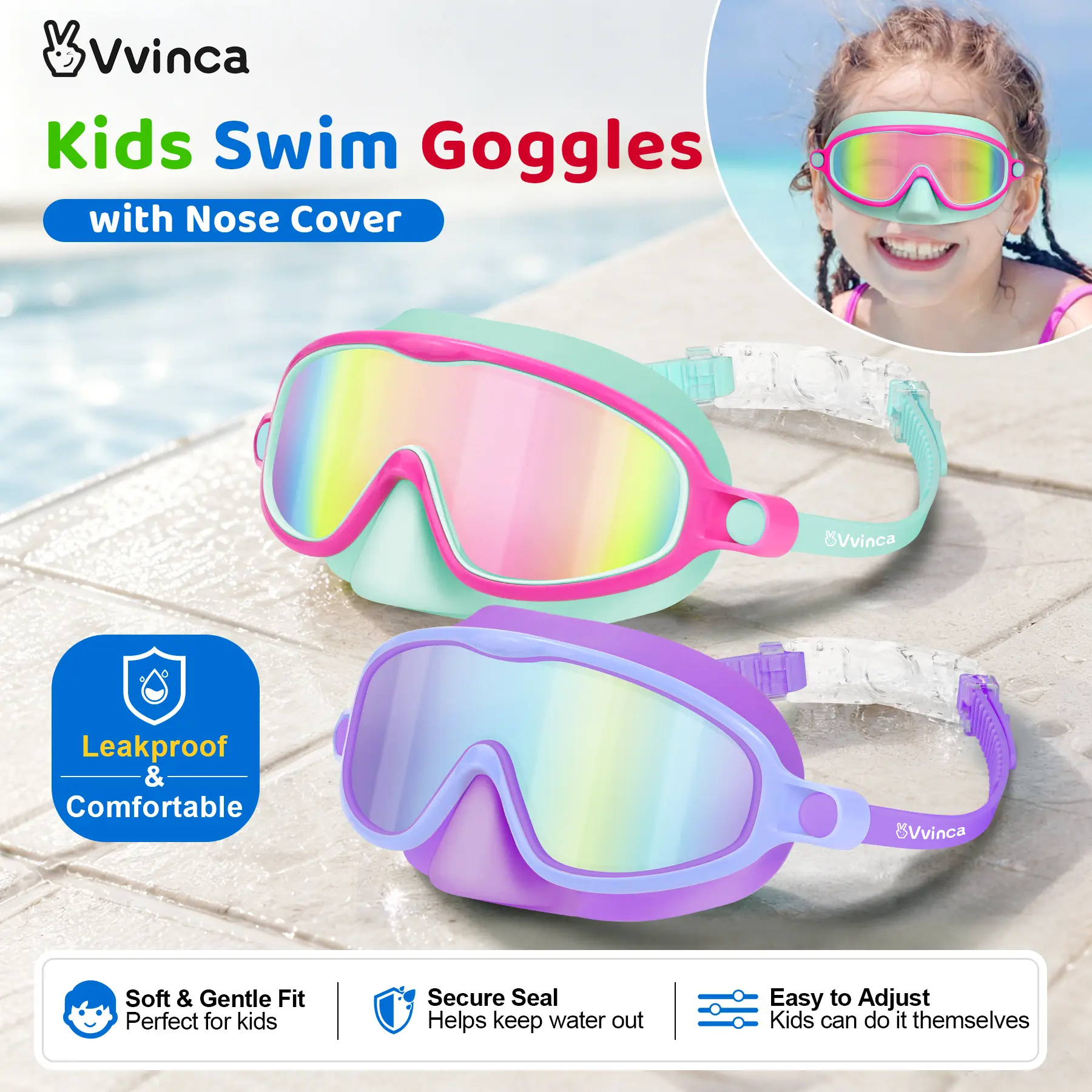 Vvinca Kids Swimming Goggles 2-Pack with Adjustable Nose Cover, UV Shield, Anti-Fog Wide View Anti-Shattered Lenses, Pool Accessories for 3-6/6-12+ Ages (Check Size Chart, Not Solely Age-Based), Swim Glasses, Polycarbonate