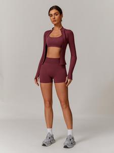 women's solid crop coat & backless bra & high waist shorts tracksuit set, casual sporty breathable comfy for yoga gym workout running, ladies sportswear for all seasons, fitness sportswear set, activewear, yoga clothes set