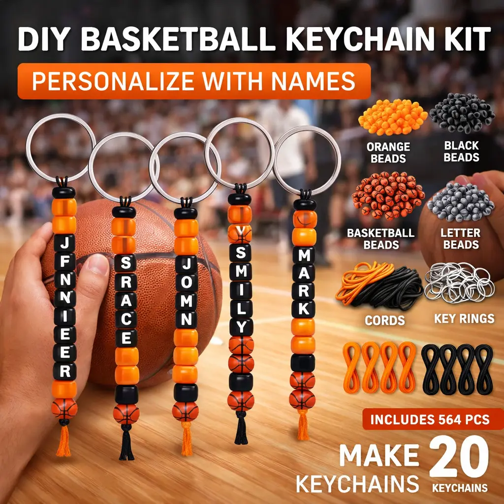 564-Pcs DIY Sports Basketball Keychain Kit - No Tools, Bigger Holes Sport Letters Beads, Adjustable Metal Ring Accessories, Vintage Color, 12-Pcs for Coaches, Gym Bags Birthday Party Favor Craft