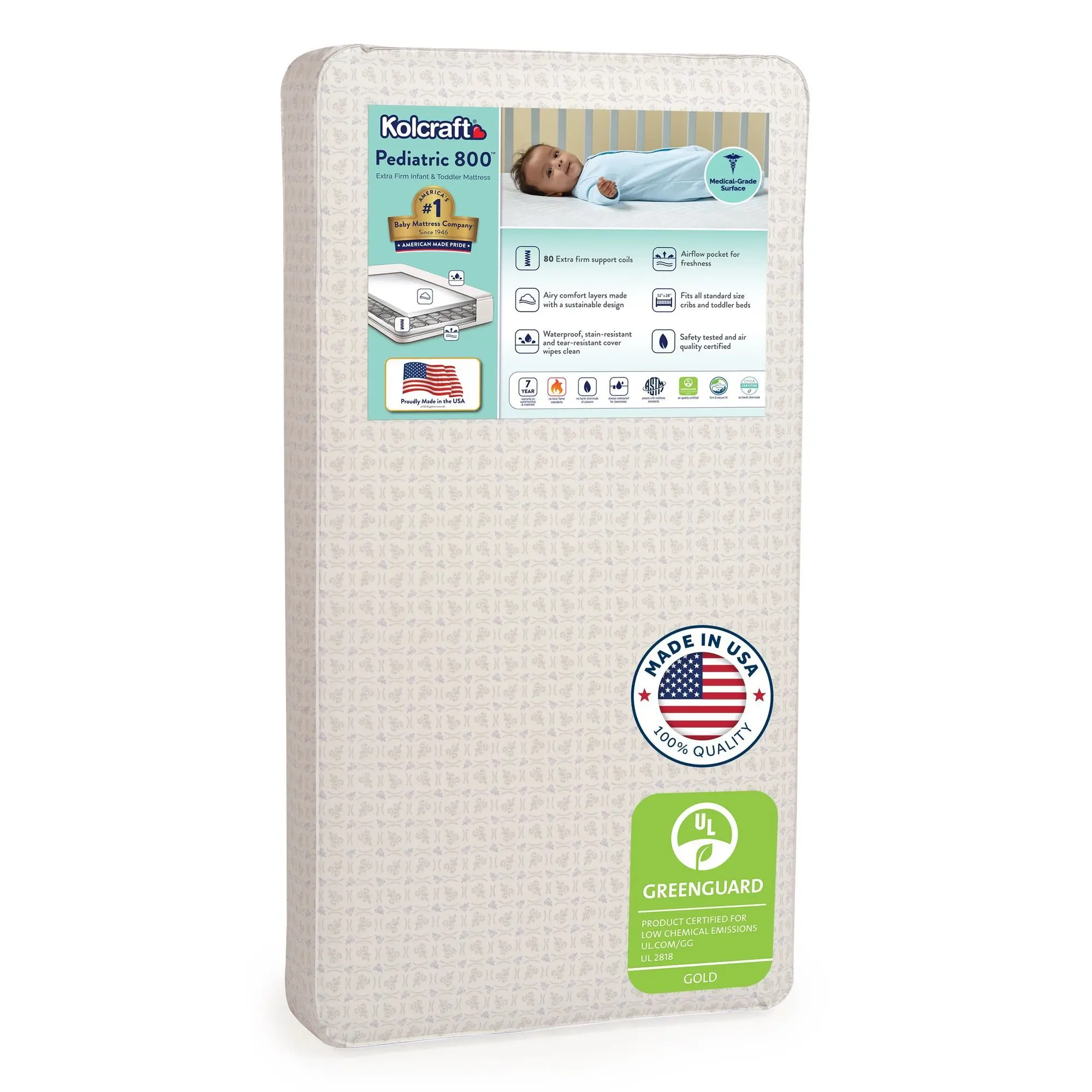 Kolcraft Pediatric 800 Extra Firm Crib & Toddler Mattress, 80 Coil, Waterproof, Ecru