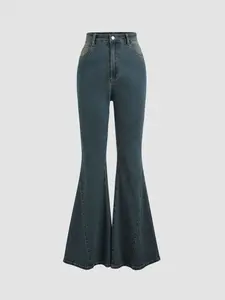 Stretch Denim High Waist Button Flared Jeans