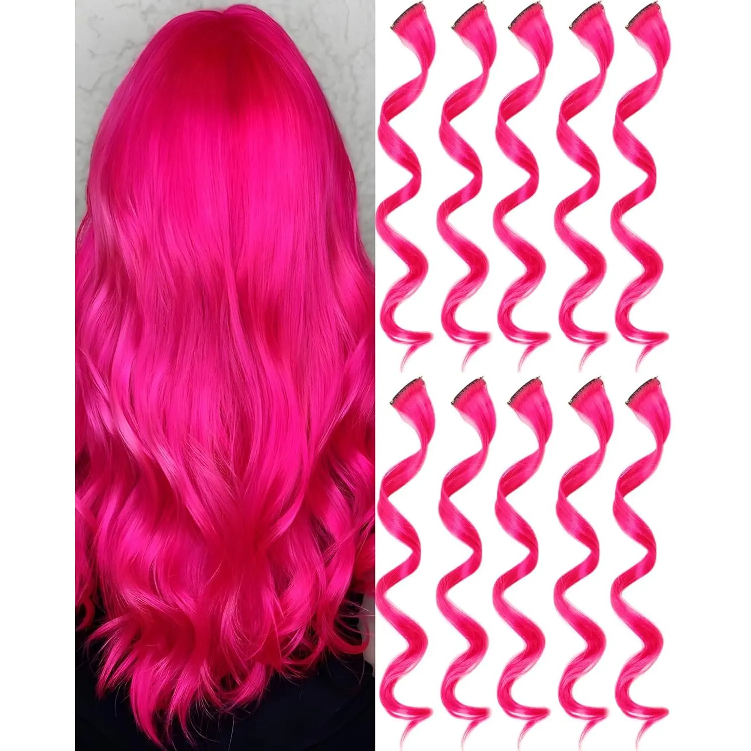 Clip-in Hair Extensions with Snap Clips, 10-Pack 17-In Synthetic Hot Pink Curly Synthetic Hair Piece for Women, Heat-Resistant Party & Christmas Highlights for Cosplay, Clip Hair Extensions