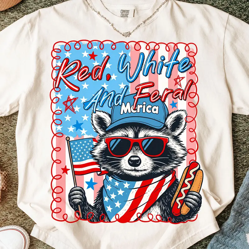 Red White And Feral Comfort Colors Shirt, Funny 4th of July Raccoon Tee, Patriotic USA Shirt, Independence Day Party Shirt, America Graphic Shirt