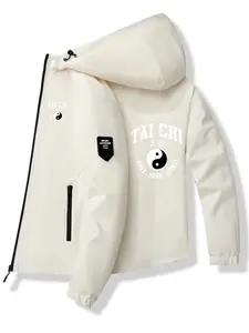 Men's Fashion Jacket with 'tai Chi' Logo, Zip Pocket, Hooded Design, Spring & Fall, Polyester Material, Casual Fitted Style