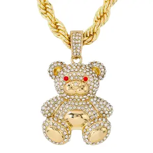 Iced Large Teddy Bear Pendant Necklace with 8mm Rope Chain, 24" Chain Jewelry Necklaces