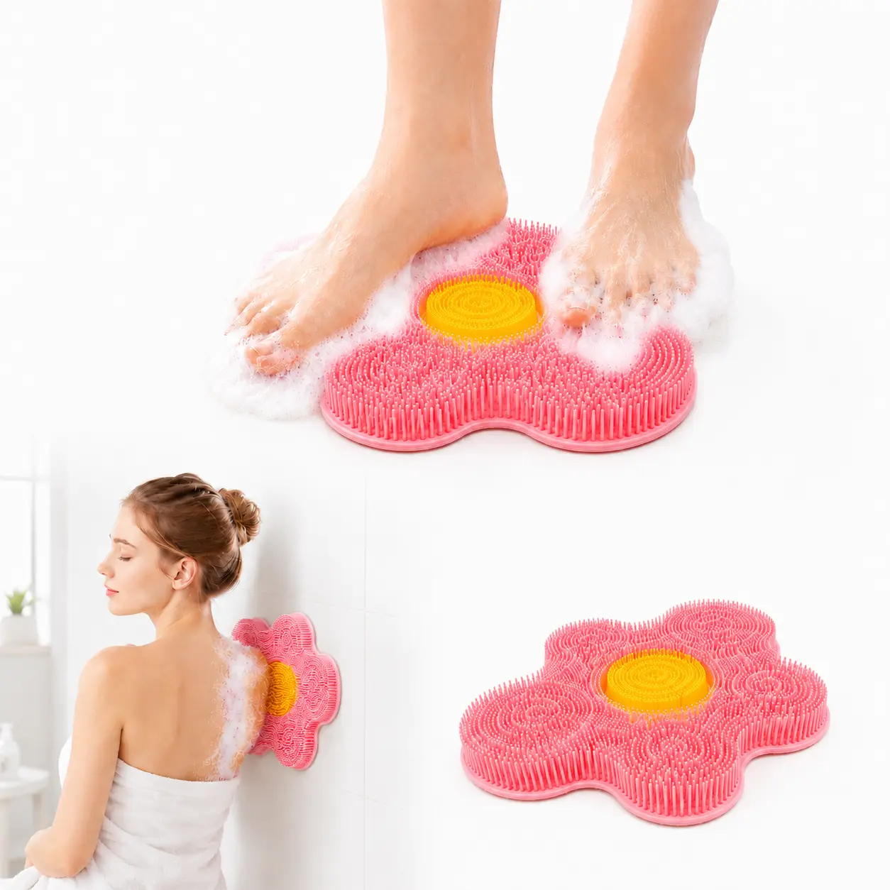 2-in-1 Silicone Foot Scrubber Shower Mat & Wall-Mounted Back Scrubber, Soft Bristle Exfoliating Bath Pad with Suction Cups for Cleaner Feet, Bathroom Essential Cleaning Accessory, Accessories, Smooth