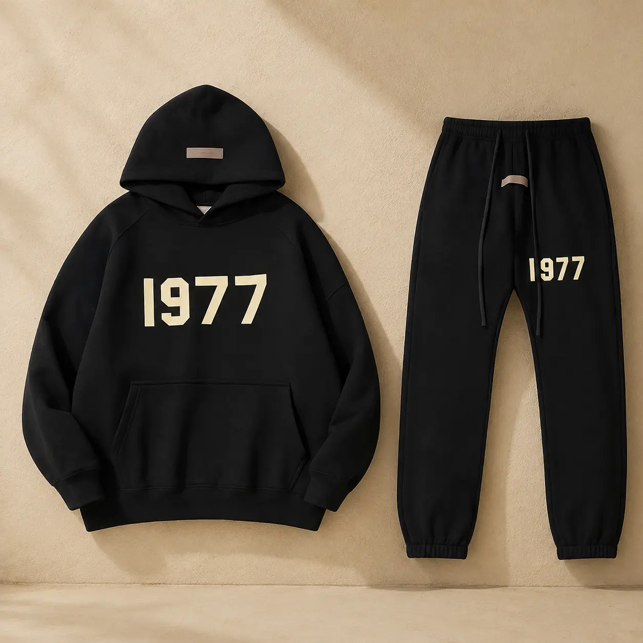 1977 Hoodie & Pants Black Set – Unisex Streetwear Tracksuit, Pullover Sweatshirt + Joggers