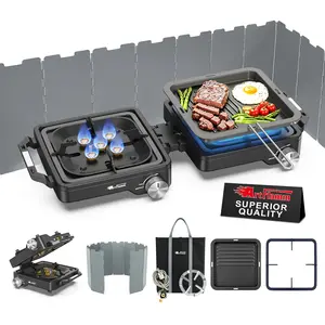 【FathersDayGift】29000 BTU 2 Burner Camping Stove with Windshield, Propane Camp Stove, Portable Folding Gas Stove, Camping Essentials Gear Includes Frying Pan, Coffee Stand & Carry Bag fathersdaygift
