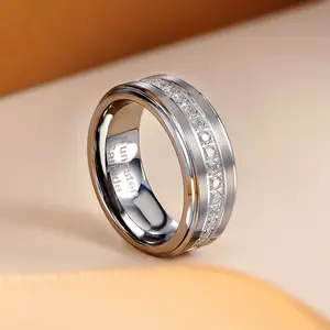 Men's Wedding Band Brushed Finished Tungsten Carbide Promise Rings for Men Charm Half Eternity Round Zircon Jewelry
