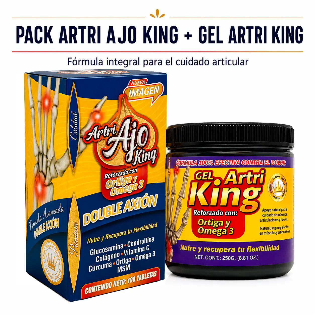 Daily Pack Supplement COMBO ESPECIAL Artri Ajo King 100 Tabs + Gel Artri King 250 gramos de Mexico, Two-Piece Set, Dietary Supplement Tablets and Body Gel, 100 Count and 250 g