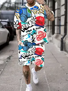 Men's Casual Fashion T-Shirt & Short Set, Cartoon Graffiti Print, Summer Breathable, Sizes S-Xxxl, Daily Wear & Beach Vacation