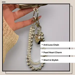 Stylish Anti-Loss Heart Phone Chain, Short Versatile Design, Simple Dual-Chain Pearl Heart Pendant + Card, Tk Platform Ready Stock, Phone Lanyard, Cell Phone Charm