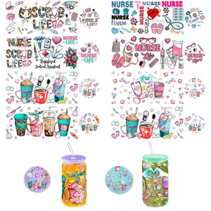 3 Sheets （nurse） UV DTF Cup Wraps - Bundle 3 Sets （nurse ）Decals for 16oz Glass Cups | Includes Lid Vinyl Stickers (Top/Bottom), 12.32x4.33 Inch DIY Transfer Stickers, Nurse Theme Holiday Gift Decor for Coffee Mugs & Tumblers