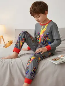 Boys' Round Neck Long Sleeves Digital Print Pajama Set, Motorcycle Pattern, Fashionable Comfort Home Wear, All Seasons, Print Sleepwear, Snug Fit Pjs