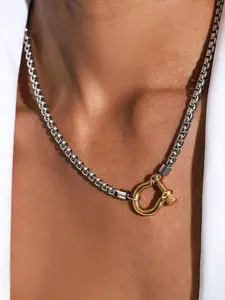 Men's Two-Tone Horsebit Necklace, Street Style Punk Jewelry Accessory, Fashion Trendy Party Wear, Stainless Steel Chain, All Seasons, Cuban Link Chain