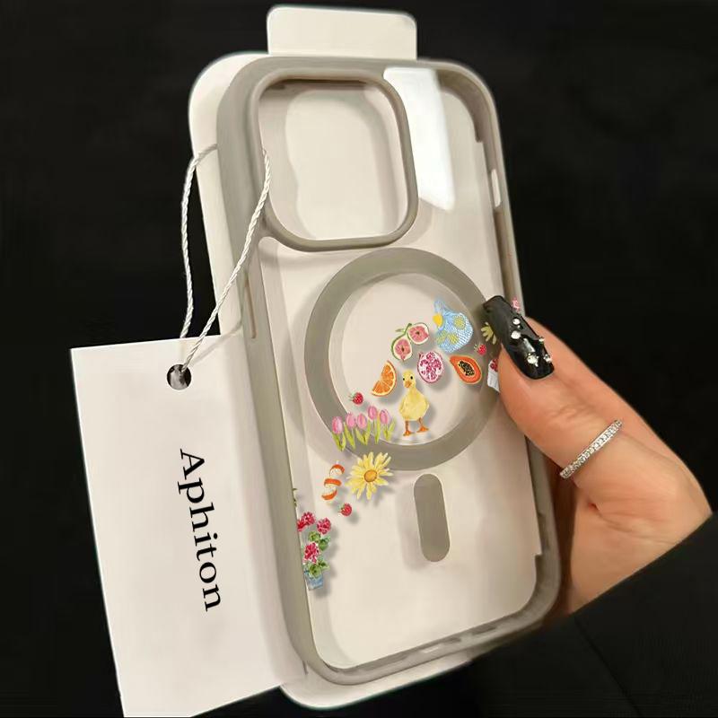 Adorable Duck Surrounded By Colorful Fruits Phone Case Featuring A Soft Tpu Back With Built-In Strong Magnet Ring, Blending Smooth Macaron Texture With Secure Magsafe Compatibility For iPhone 17 16 15 14 13 12 11 X XS