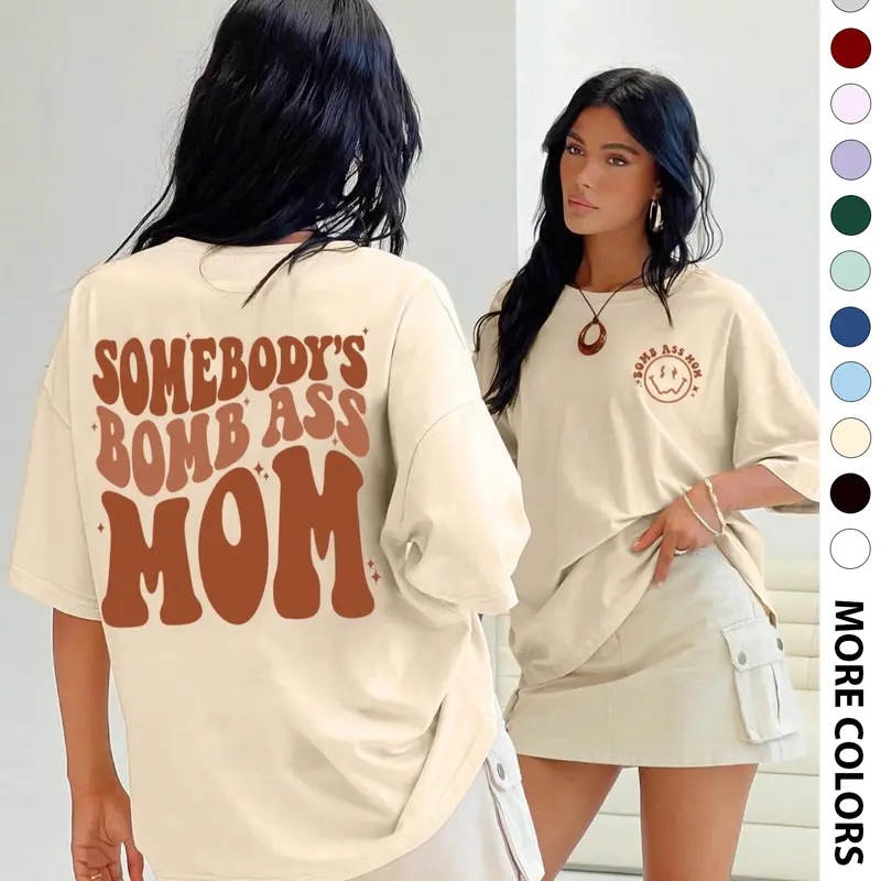Women's Letter & Cartoon Face Print Drop Shoulder Tee Top, Graphic Shirt, Casual Vibe Style Streetwear, Half Sleeve Round Neck T-Shirt for Daily Wear, Ladies Clothes Womenswear for All Seasons