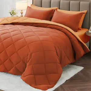 7 Pieces Queen Comforter Set, Reversible Bed in a Bag Queen Size, All Season Bedding Set with Comforter, Flat Sheet, Fitted Sheet, Pillowcases & Shams, Burnt Orange & Camel