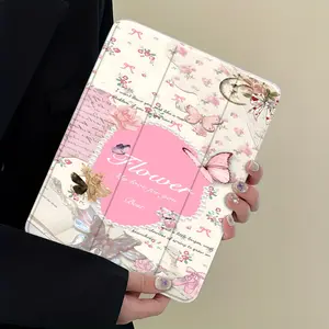 Vintage Flower Tablet Protector, Romantic Aesthetic Case, Auto Sleep/Wake, Anti-Drop & Anti-Scratch, Transparent Hard Back, Multi-Size Compatible 7.9/8.3/10.2/10.5/10.9/11/12.9/13 Inch, Shockproof Cover for Office