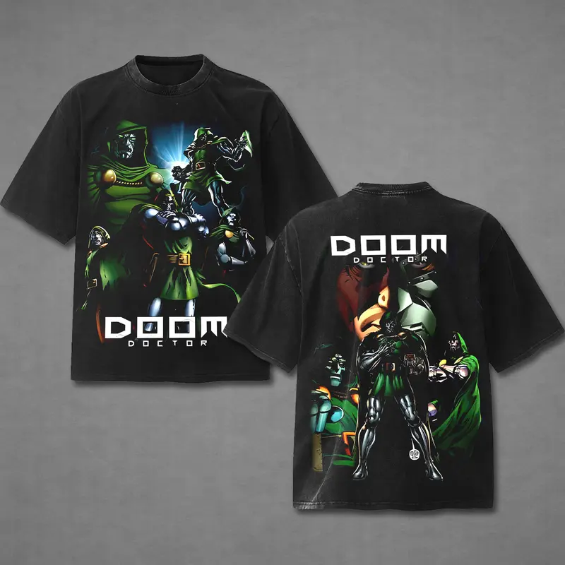 Retro Washed Superhero T-Shirt, Dr Doom Avengers Doomsday Art Tee, Vintage Comic Book Style Graphic Shirt, Acid Washed Black Oversized Tee, Streetwear Superhero Shirt for Comic Fans & Pop Culture Lovers