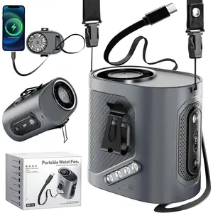 Portable Waist Fan Clip on - Wearable Belt Personal Fans, Hands Free Air Cooler of Neck/Shirt, 100 Speed | Flashlight Rechargeable, Built in Type-C Cable, for Outdoor Job Camping Travel Essentials Gift