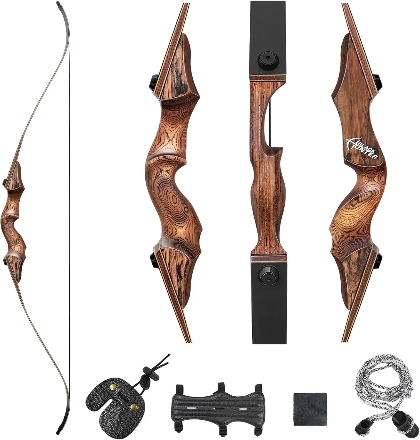 60" Black Hunter Takedown Recurve Bow 20-60lbs Right Hand Archery Bows for Adults Traditional Wooden Hunting Bow for Outdoor Hunting Shooting