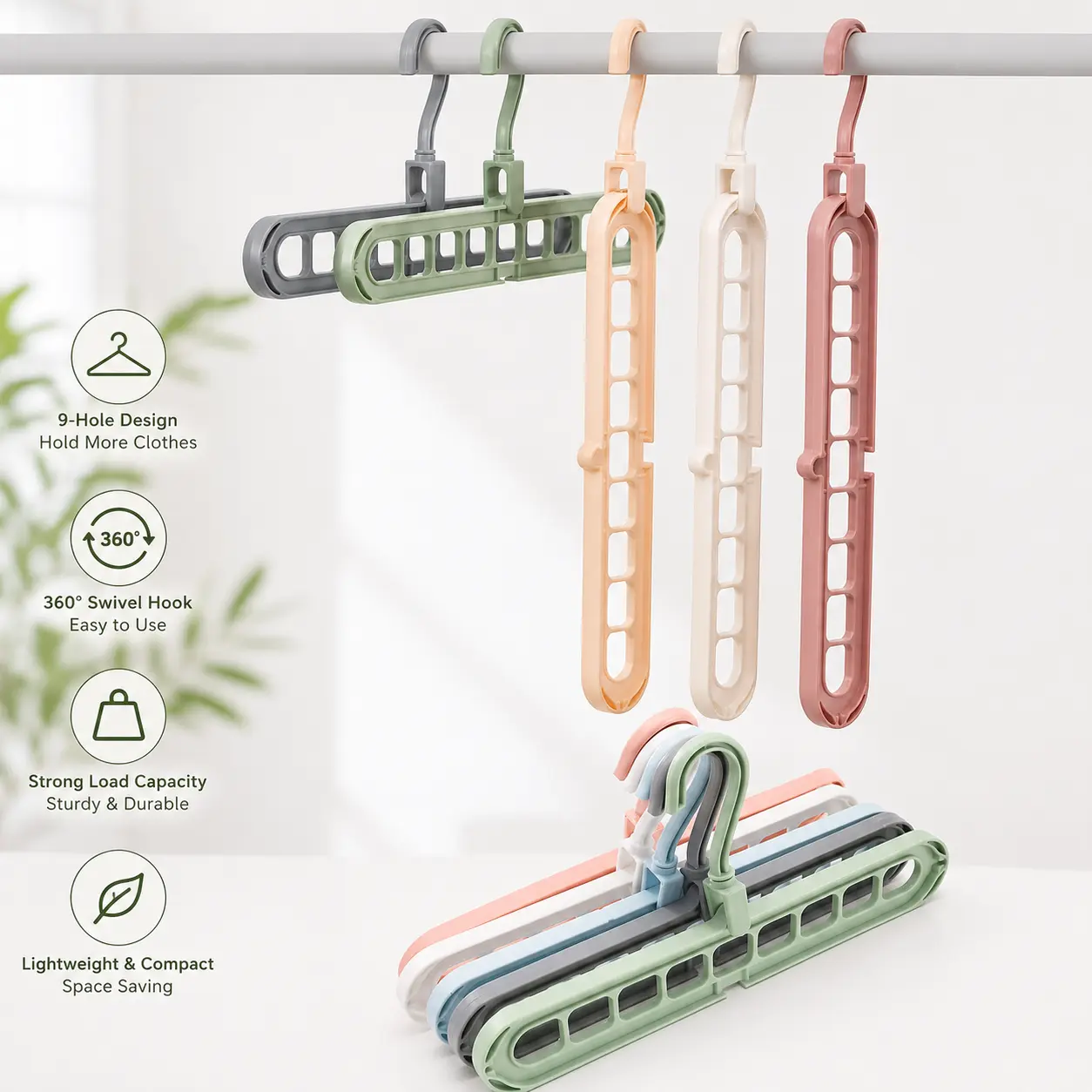 1 Count, 9-Hole Plastic Clothes Hanger with 360 Degree Rotatable Hook for Closet Wardrobe Clothing Storage and Organization