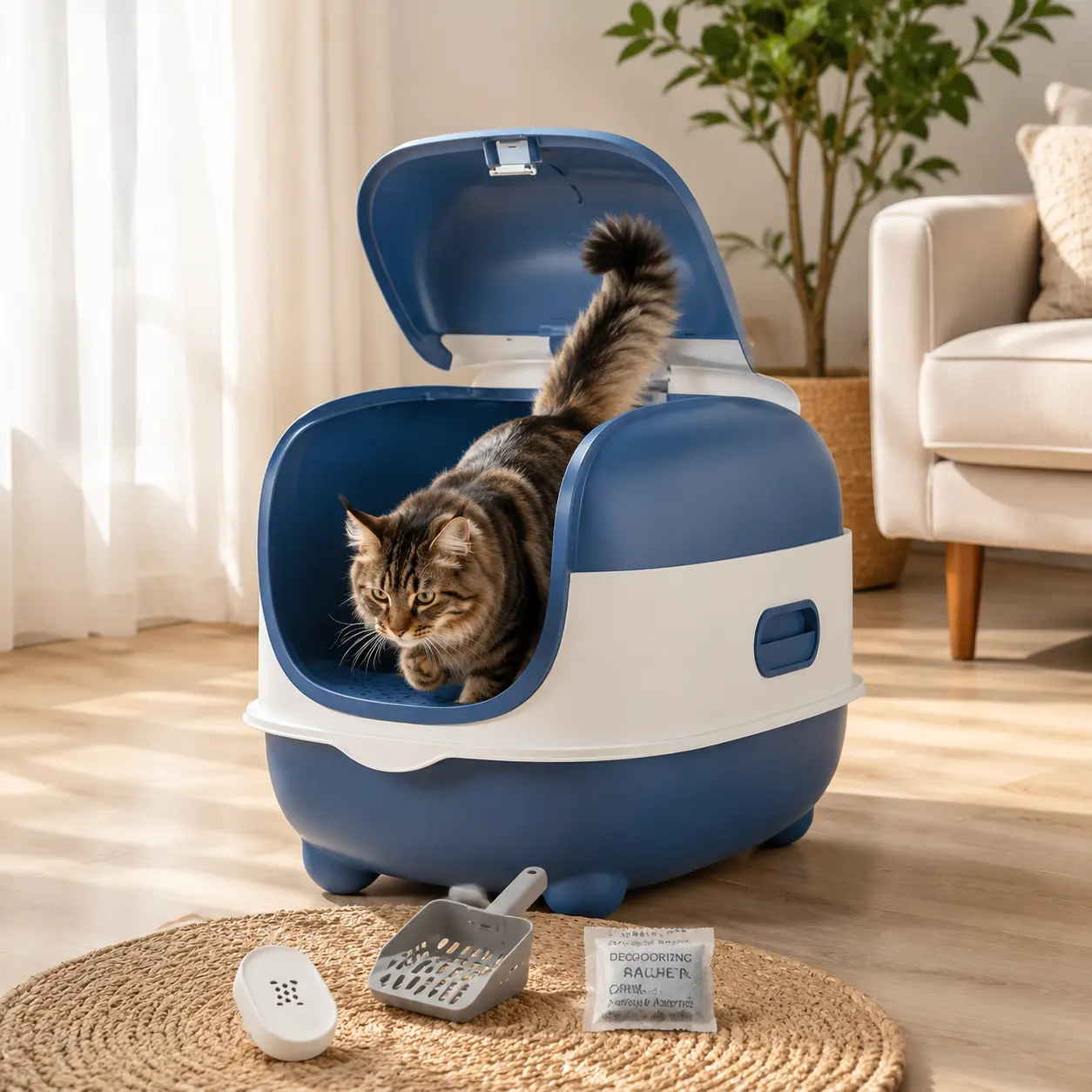 Fully enclosed flip-top drawer cat litter box with deodorizing compartment, splash guard mesh platform, large size; includes a scoop and deodorizing bags for home cats.