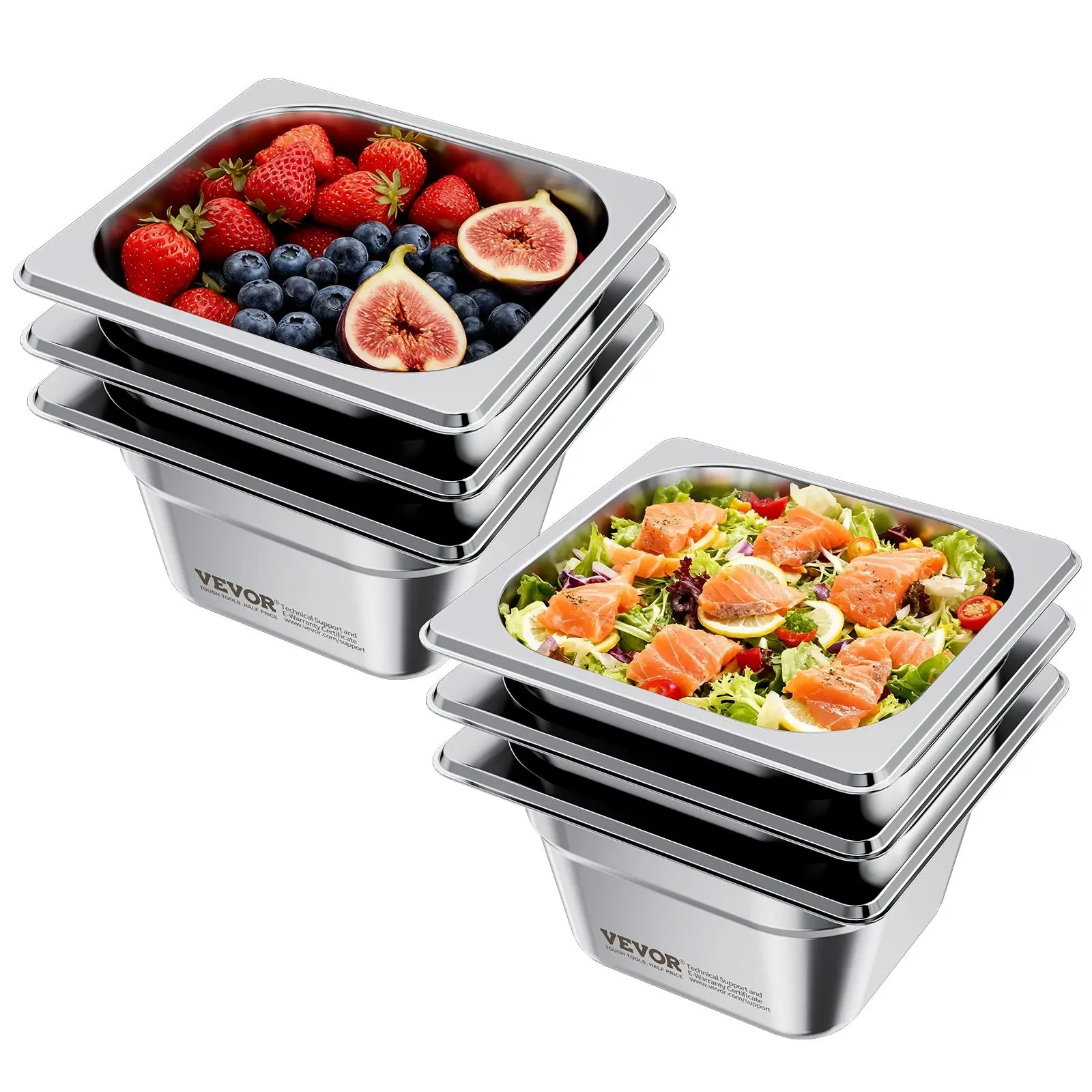 【Summerfinds】VEVOR 6 Pack Stainless Steam Hotel Pans, 1/6 Size Table Steam Pan, 4 Inch Deep, Anti Jam Restaurant Supplies Reusable Rustproof Catering Storage for Home, Party, Restaurant, Hotel, Buffet