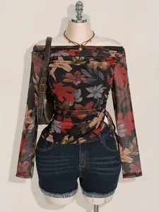 HANNA x  ICON Plus Size Y2K Retro Print Off-Shoulder Mesh Side Drawstring Knit Top