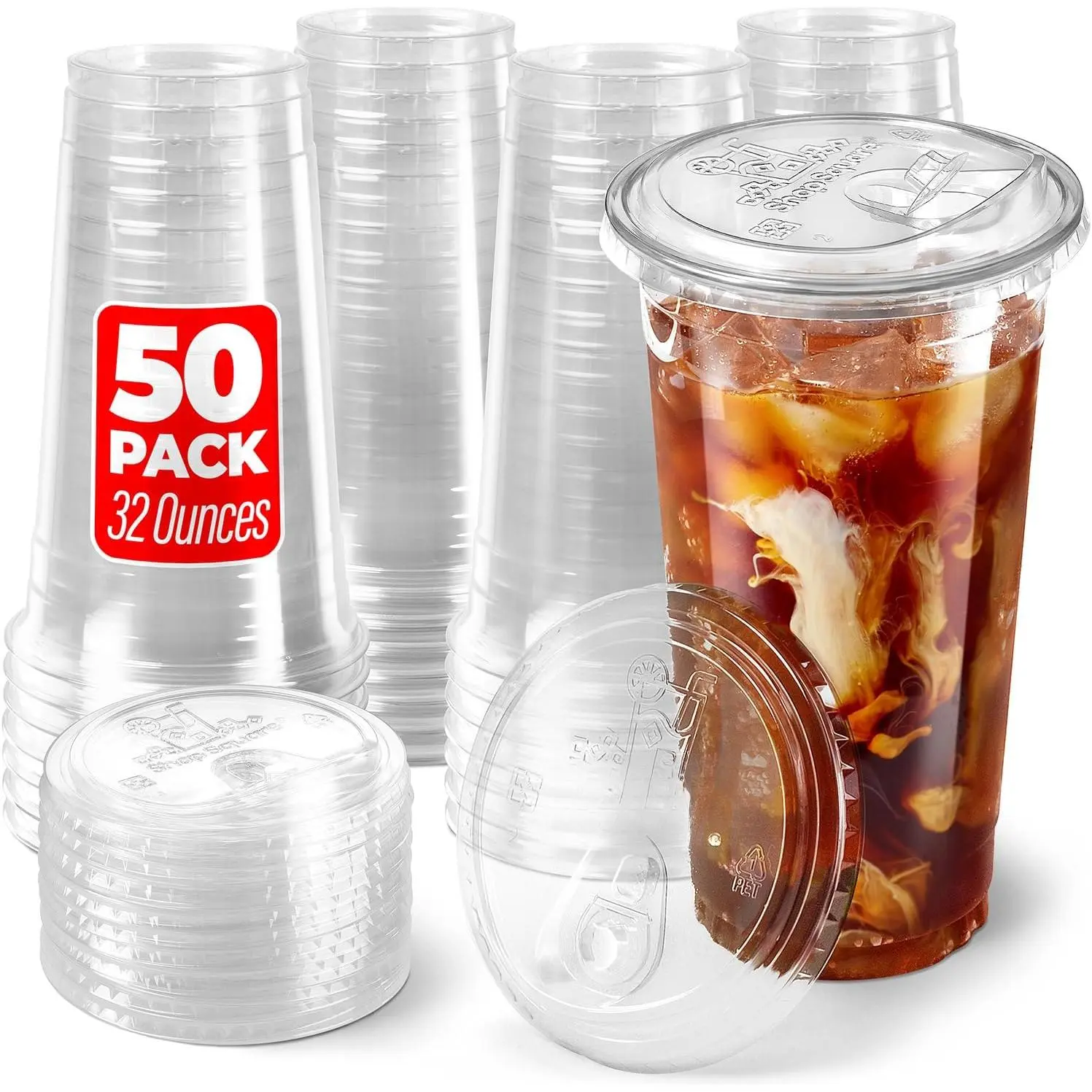 32 oz Plastic Cups with Strawless Sip Lids (50 Pack) - Disposable Clear Cups for Iced Coffee, Boba, Milk Tea, Smoothies, and Fruit Shakes