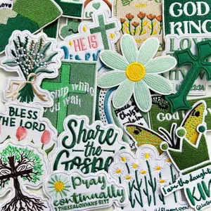 20Pcs Christian Iron On Patches, Green Religious Motivational Phrases Sew On Embroidered Applique Patches for Clothes, Bags, Hats, Shirts, Jackets