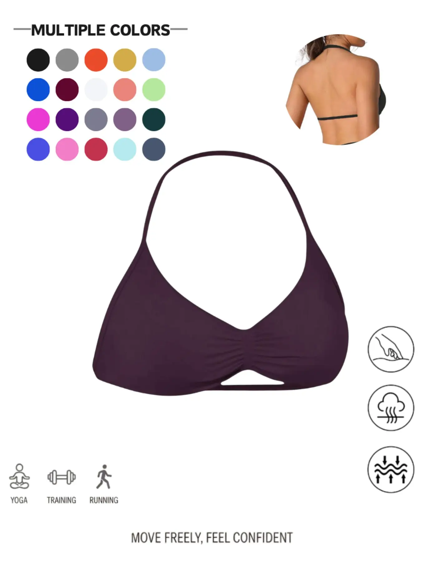 Seamless Halter Neck Sporty Bra - 39+ Colors, Ruched Front & Open Back Workout Top with Removable Pads, Buttery Soft & 4-Way Stretch for Gym, Yoga & Loungewear, Breathable Sports Bra, Fitness Bra