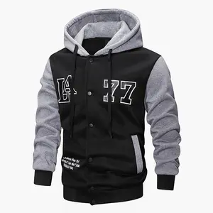 Men's Black & Gray "LA 77" Hooded Baseball Jacket - Button Details, Print Design, Trendy Layered Look (Suitable for Casual & Sporty Styles)