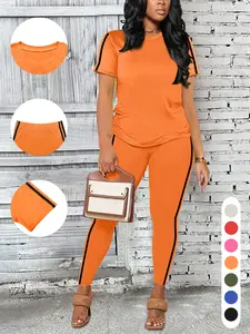 Women's Casual Tee Pants Set Daily Round Neck Shortsleeve Clothes Side Summer Outfits Striped Lounge Suit Soft Polyester 2 piece sets two piece set matching sets comfort sweat set Piece Womenswear Solid tall girl friendly sets