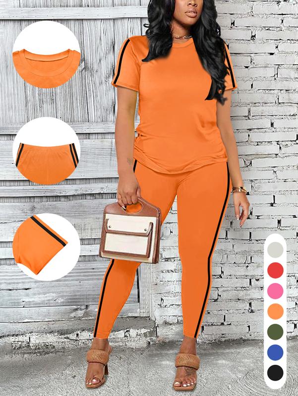 AUXDIO Women's 2-Piece Fashion Clothing Kit - Cozy Striped/Check Polyester Lounge Outfit, Round Crew Neck Short-Sleeve Top & Jogging Tee Pants, Lightweight Sporty/Casual Tall Girl-Friendly Everyday Wear